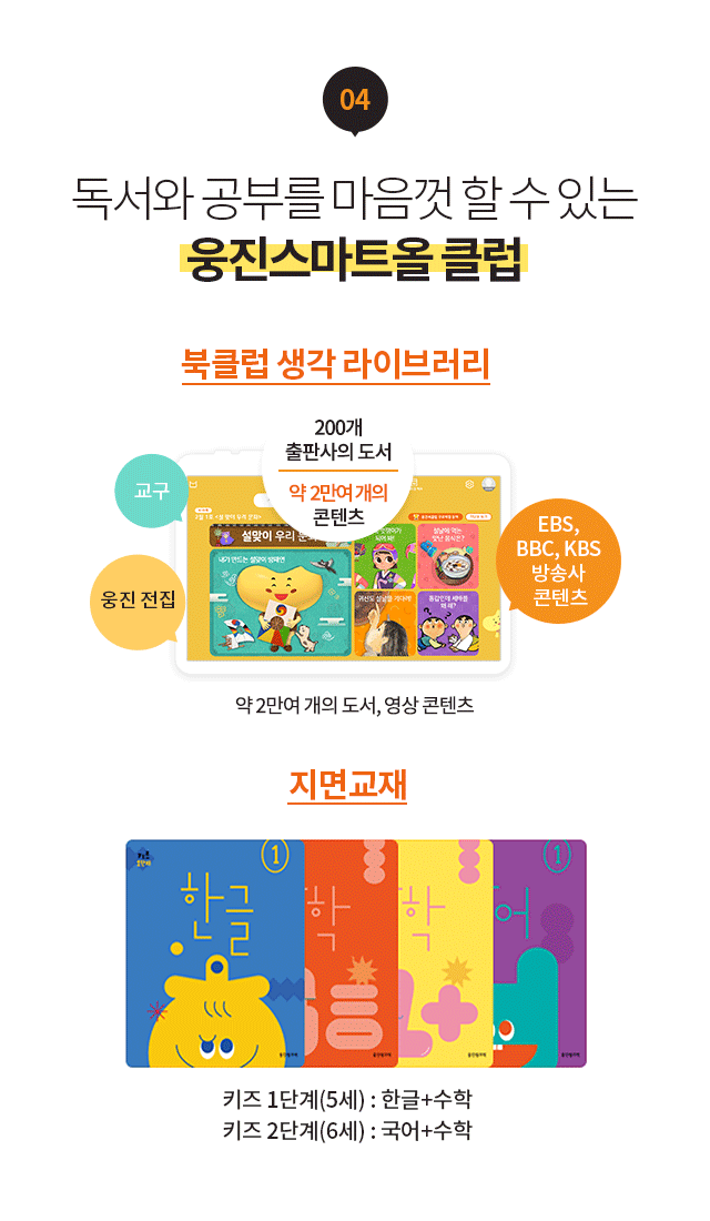 04 독서와 공부를 마음껏 할 수 있는 웅진 smartAll클럽
							북클럽 생각 라이브러리 : 교구 웅진 전집, EBS, BBC, KBS 방송사 콘텐츠 등 200개 출판사의 도서와 약 1만 5천여 개 콘텐츠
							지면교재 : 키즈 1단계(5세)한글+수학, 키즈 2단계(6세)국어+수학