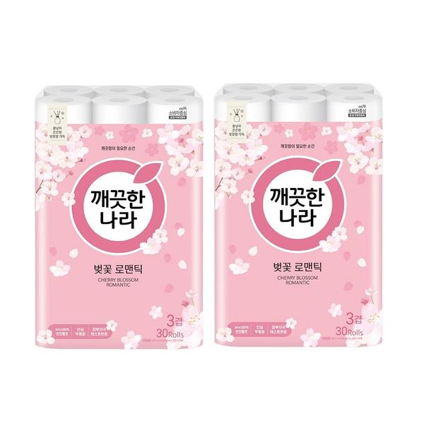 [깨끗한나라] 3겹 천연펄프 벚꽃 로맨틱 27m 30롤 X 2팩 롤화장지