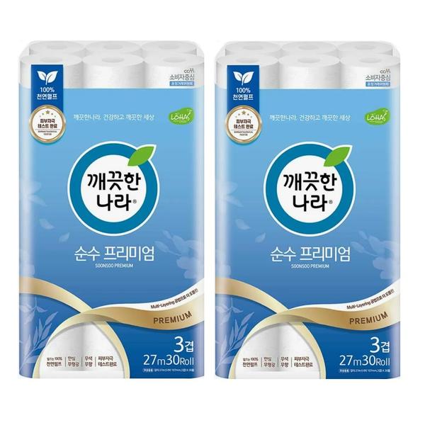 [깨끗한나라] 광폭 107mm 3겹 천연펄프 순수 프리미엄 27m 30롤 X 2팩 롤화장지