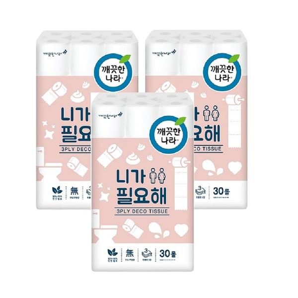 [깨끗한나라] 3겹 천연펄프 니가필요해 22m 30롤 X 3팩 롤화장지
