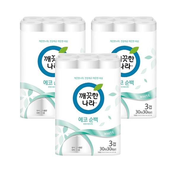 [깨끗한나라] 3겹 에코순백 30m 30롤 X 3팩 롤화장지