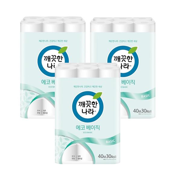 [깨끗한나라] 2겹 에코베이직 40m 30롤 X 3팩 롤화장지