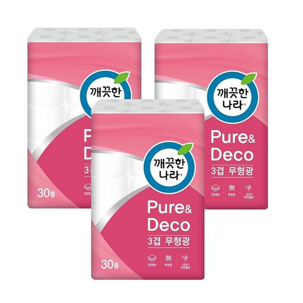 [깨끗한나라] 3겹 천연펄프 퓨어앤데코 30m 30롤 X 3팩 롤화장지