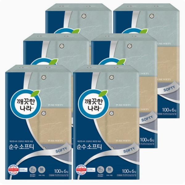 [깨끗한나라] 2겹 천연펄프 순수소프티 100매 6입 X 6팩 미용티슈