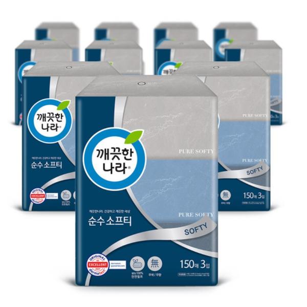 [깨끗한나라] 2겹 천연펄프 순수소프티 150매 3입  X 12팩 미용티슈