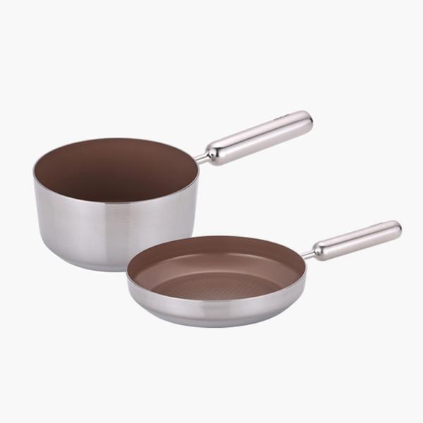 [네오플램] 엣지팬 스텐 브라운 IH 프라이팬 2종세트 (18cm 밀크팬, 20cm 프라이팬)