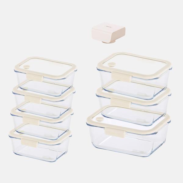 [네오플램] 글라쎄Z 진공 밀폐용기 8종 세트 (800ml 4개 + 1200ml 2개 + 1900ml 1개 + 진공펌프) - 아이보리