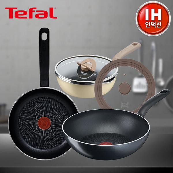 [테팔] 퍼펙트 쿠킹 다크 인덕션 프라이팬 28cm+멀티팬 28cm+G6 원픽 냄비팬 22cm(베이지)+[죠르노펠리체] 실리콘 멀티 유리 뚜껑 M